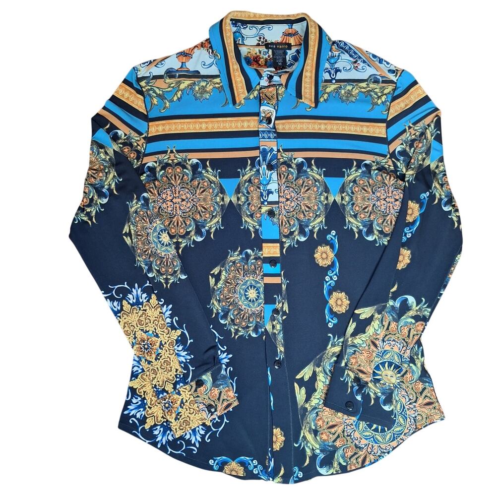 RARE Eva Varro Top Western Baroque Pearl Snap Long Sleeve Sun Medallion NWOT - M